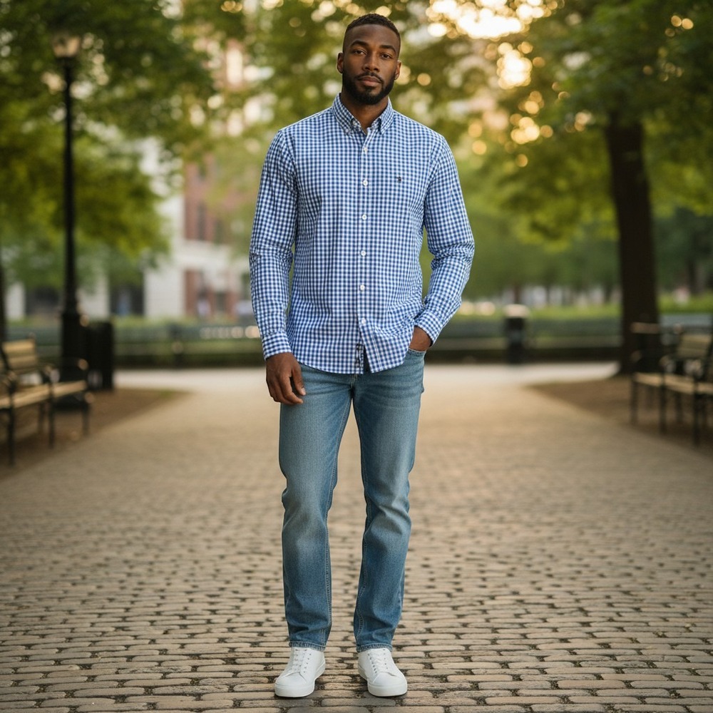 GMF 965 Mens Blue Gingham Cotton Button Down Shirt Italy 40 15.75